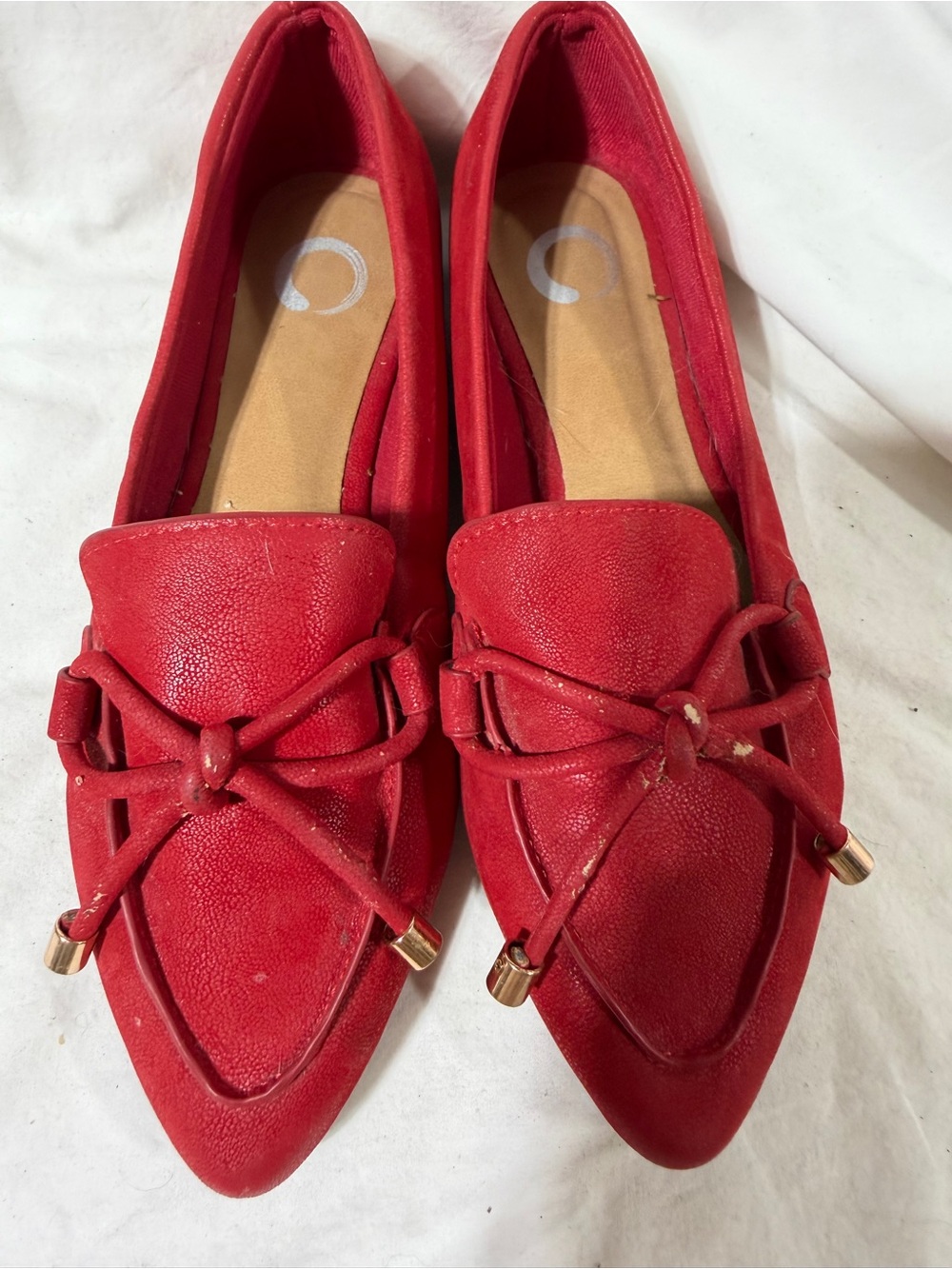 Red Pointed-Toe Bow Detail Loafers for Women
